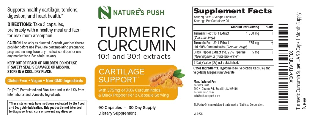 Nature's Push Turmeric Curcumin Super Potent 30:1 Extract 375mg 90% Curcuminoids, 1,350mg Turmeric Root 10:1 Plus Black Pepper Capsules, 90 Count