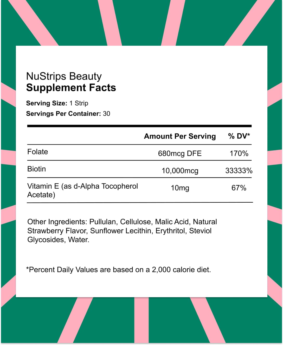 NuStrips Chewable Beauty Strips with Biotin, Folate & Vitamin E – Hair, Skin & Nails Supplement – Supports Hair Growth & Reduces Hair Fall – Non-GMO, Vegan – Delicious Strawberry, 30 Strips