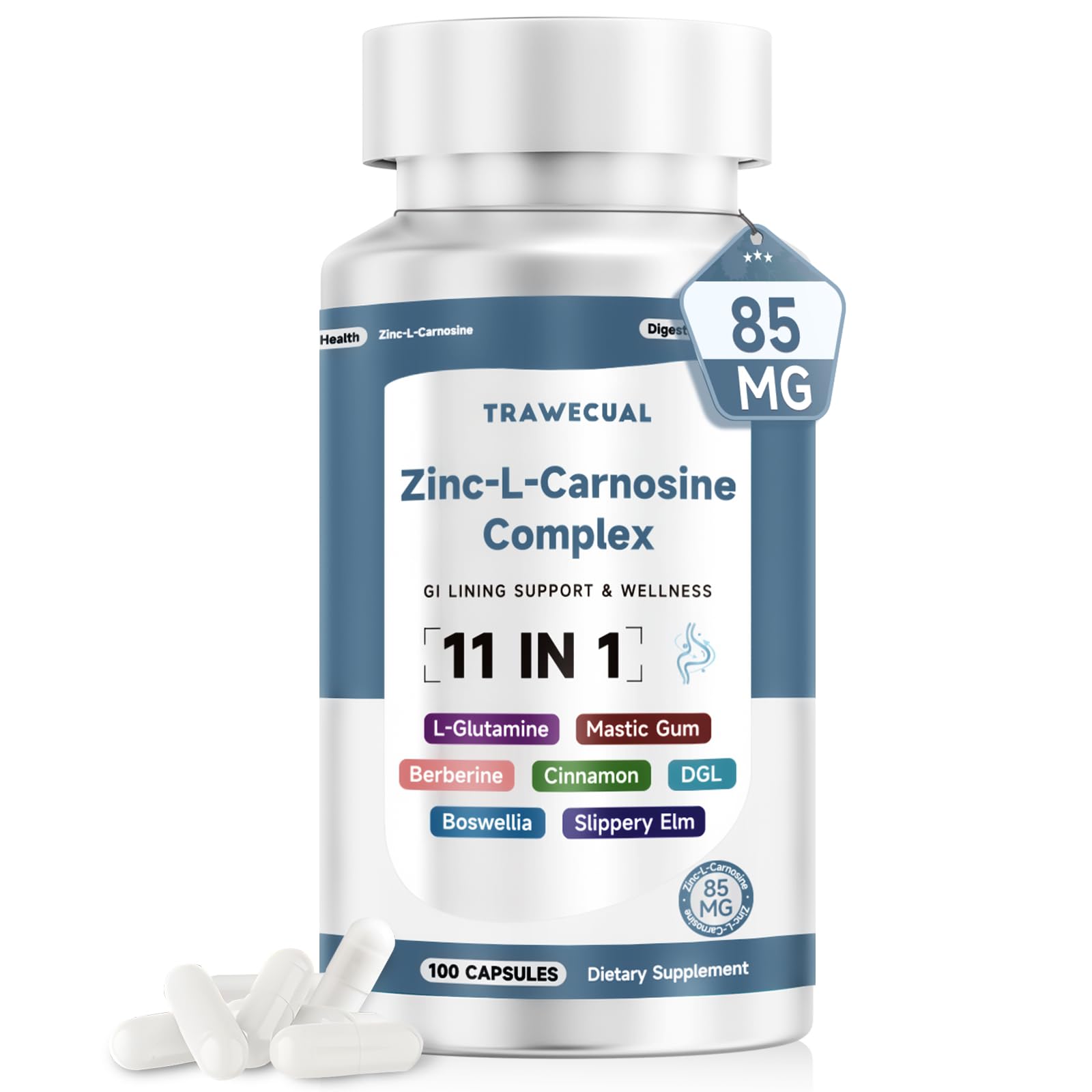 Trawecual Zinc L-Carnosine Complex 85mg 11-in-1 Digestive & Gut Health Support Supplement with L-Glutamine & Mastic Gum, Non-GMO, Vegan Capsules, 100 Count