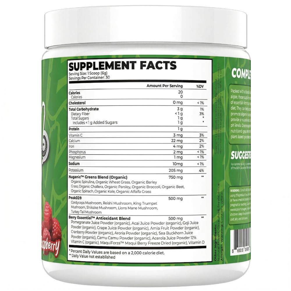 BOA Greens Powder Organic Superfood Supplement with Fruits & Veggie Blend, Antioxidant, Mushroom Blends, Raspberry, 6.3 oz
