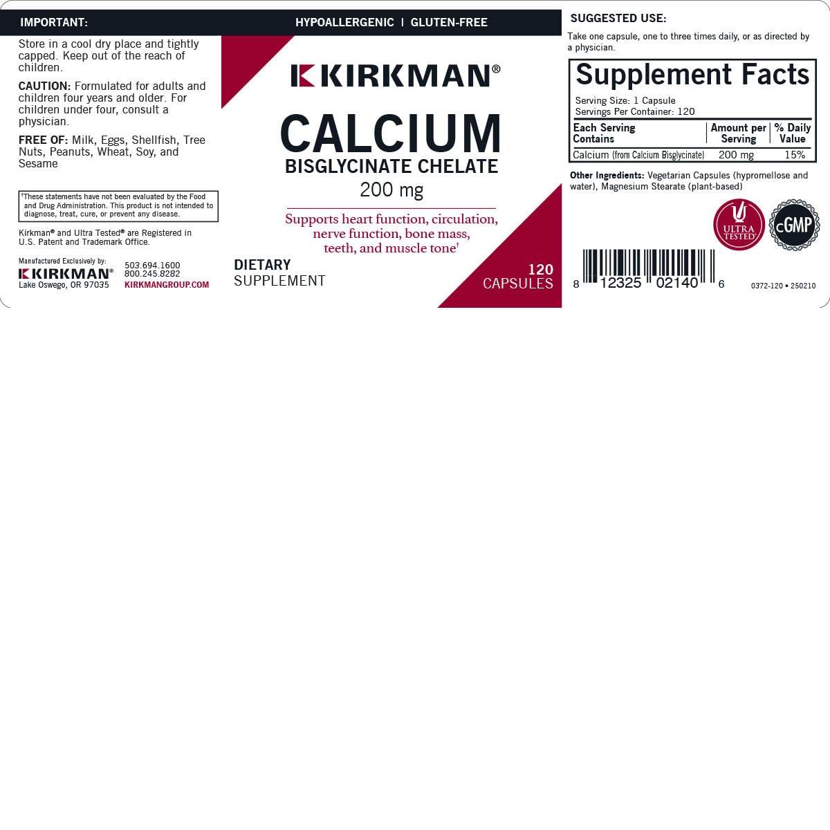 Kirkman Calcium Bisglycinate Chelate 200mg Capsules 120