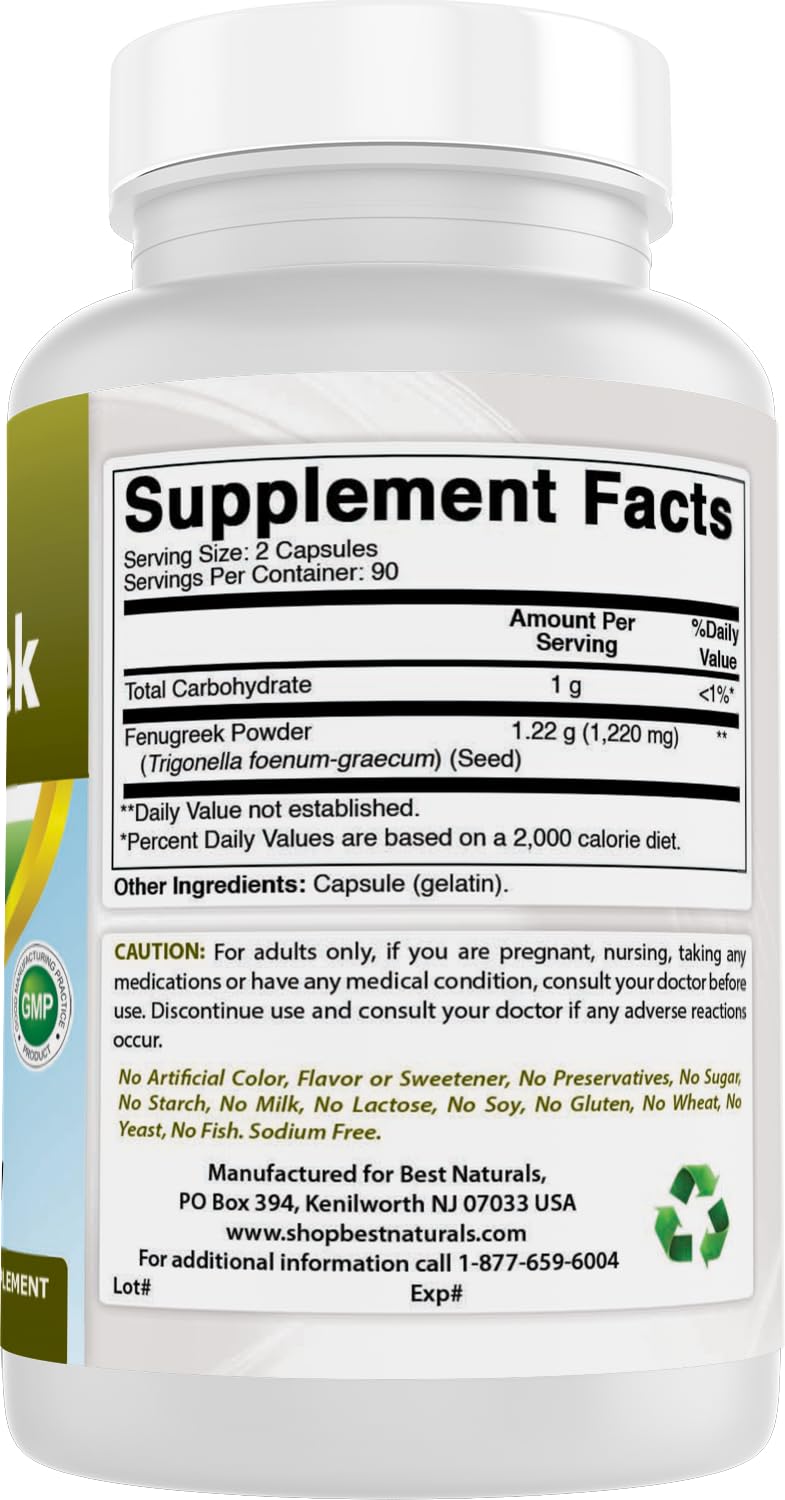Best Naturals Fenugreek Seed 610 mg Capsules, 180 Count