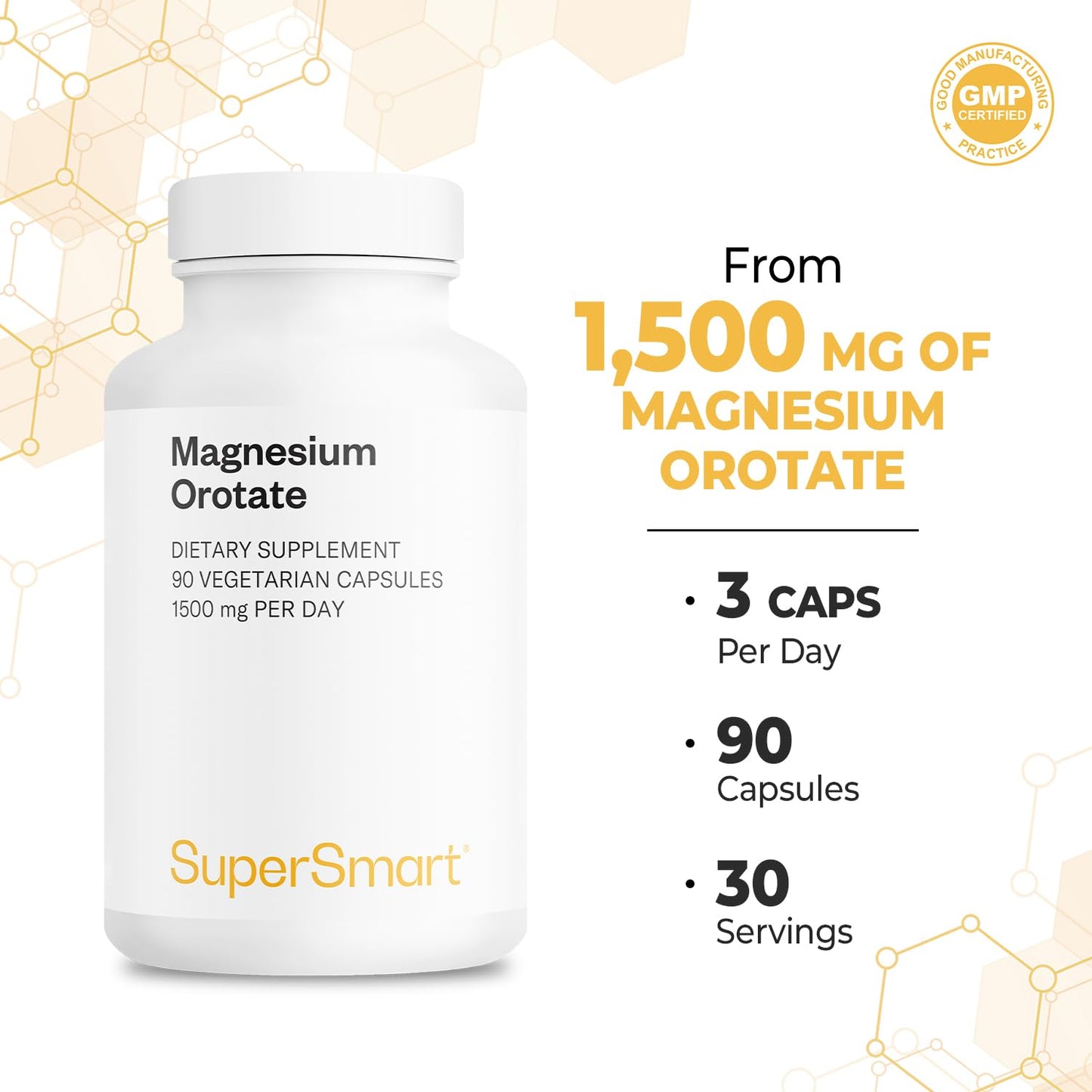 Supersmart Magnesium Orotate 1500mg per Day - High Absorption Magnesium Supplement, Non-GMO & Gluten Free, 90 Capsules