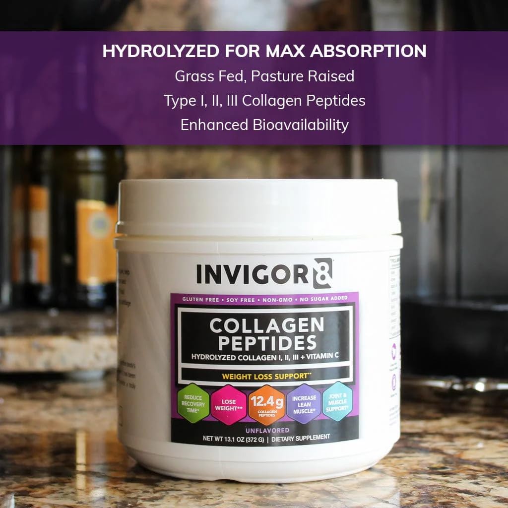 INVIGOR8 Collagen Peptides Powder Hydrolyzed with Vitamin C Type I, II, & III, Unflavored Non-GMO Grass-Fed 13.1 Ounce