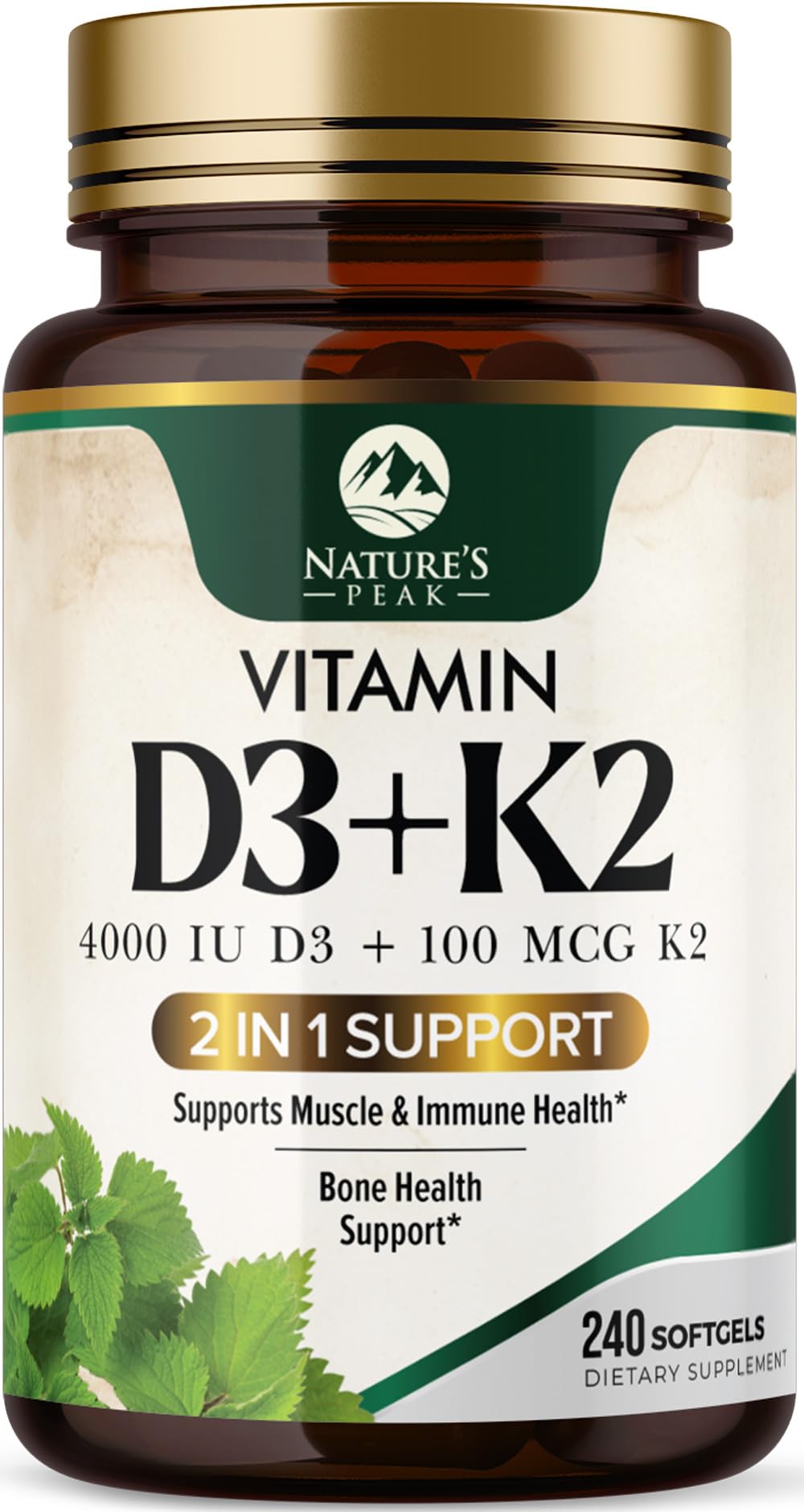 Nature's Peak Vitamin D3 K2 High Potency 2-in-1 Complex Vitamin D & K2 (MK7) Supplement, Gluten Free, Bone & Immune Support, 4000 IU per Softgel, 240 Softgels