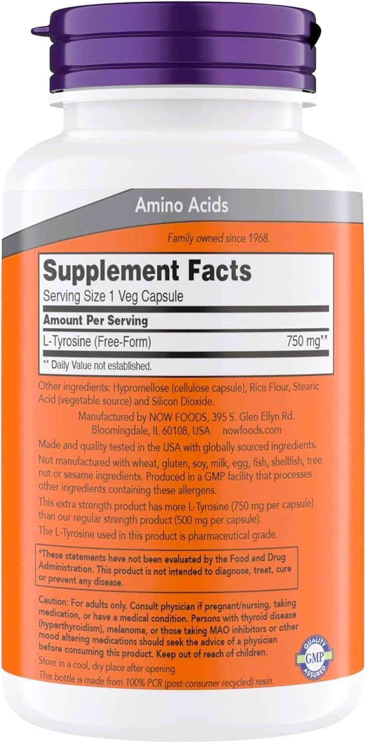NOW Foods L-Tyrosine 750 mg Capsule, 360 Veg Capsules
