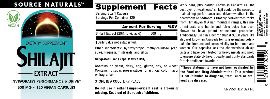 Source Naturals Shilajit Extract 500 mg Capsule, 120 Vegan Capsules