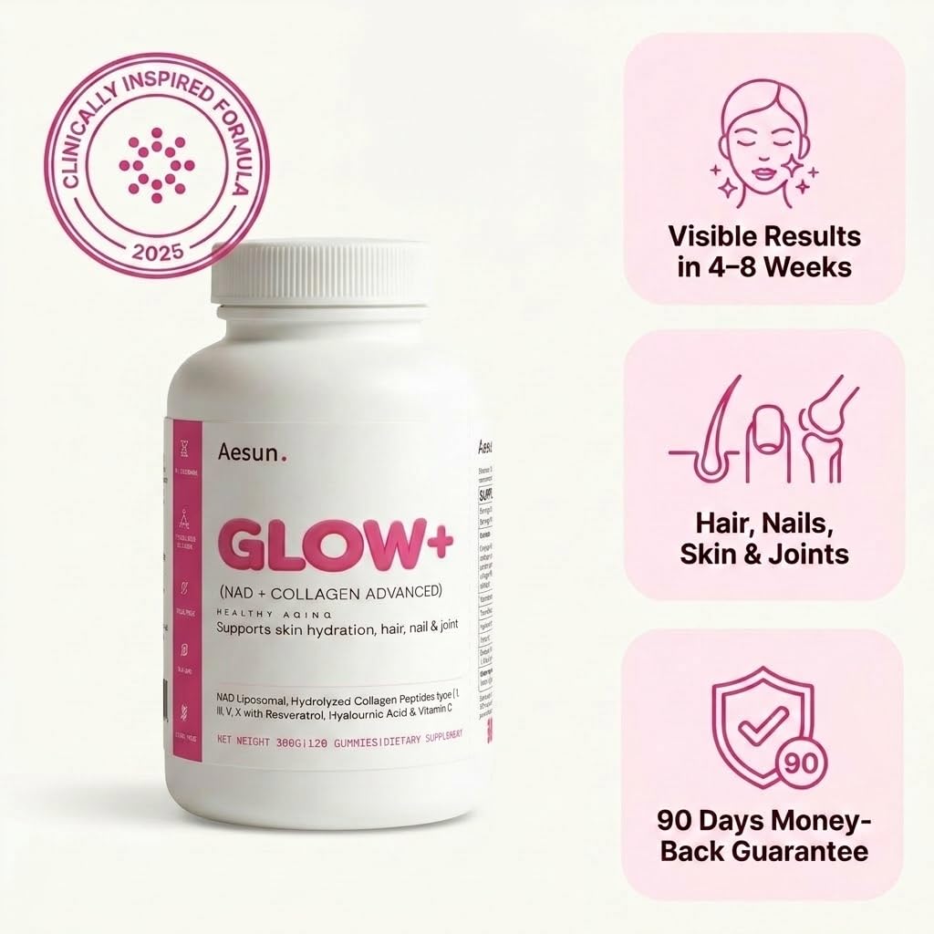 AESUN Glow+ NAD+ Hydrolyzed Collagen Advanced Gummies with Resveratrol & Hyaluronic Acid for Skin, Hair & Nails, Peach Flavor, 120 Gummies