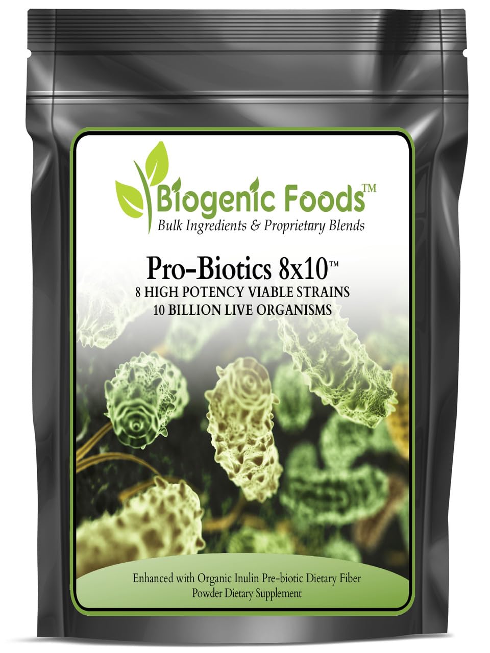 Biogenic Foods ProBiotics 8x10 with Fiber Organic Powder, 8 Strains, 10 Billion CFU per Serving, 30 Servings