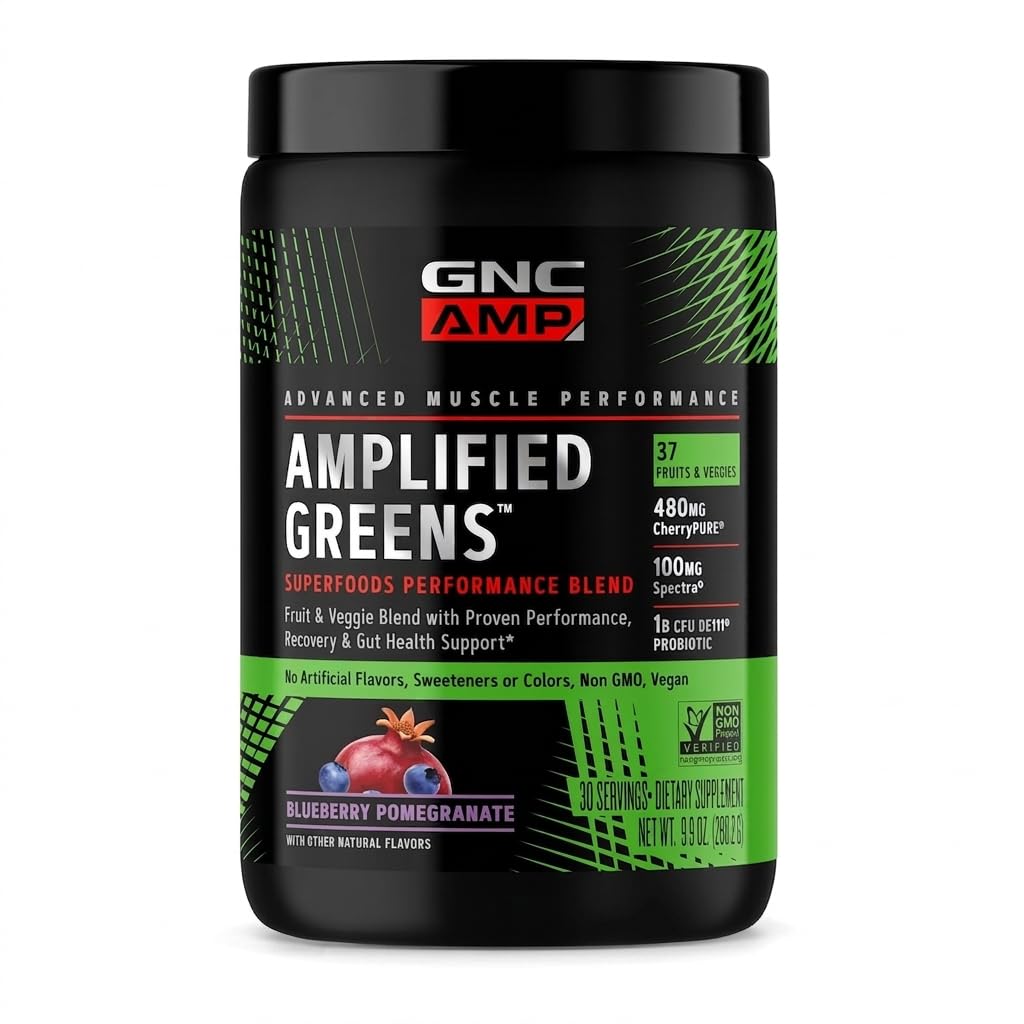GNC AMP Amplified Greens Superfoods Performance Blend - Vegan Athlete Superfood Drink - Blueberry Pomegranate, Powder, 30 Servings