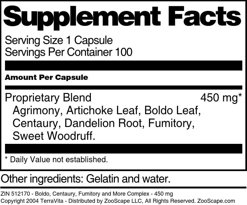 Terravita Cholesterol Maintenance Complex - Boldo, Centaury, Fumitory and More - 450 mg, 100 Capsules