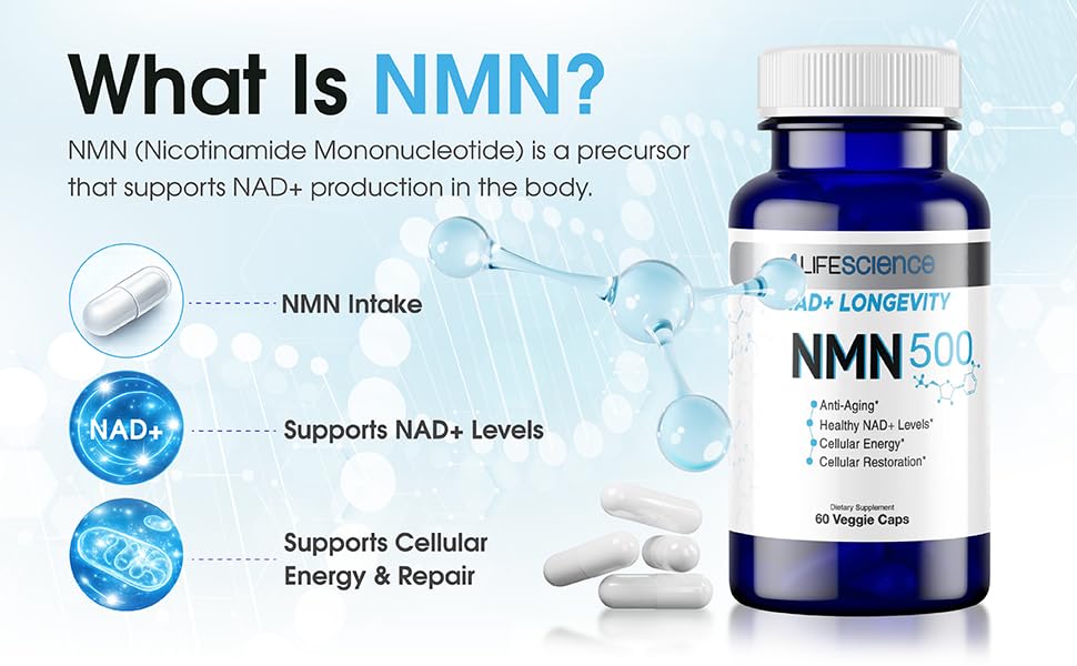 1LifeScience NMN500 Nicotinamide Mononucleotide Supplement Capsule, 60 Veg Capsules