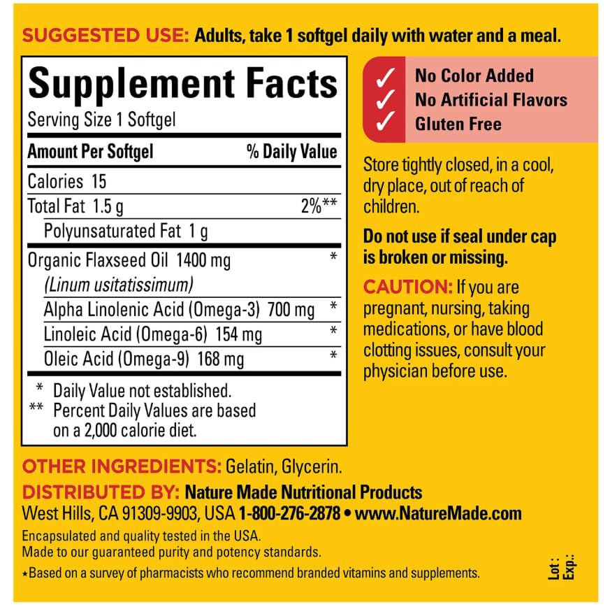Nature Made Organic Flaxseed Oil 1400 mg 700 mg Omega-3 Softgels, 300 Count
