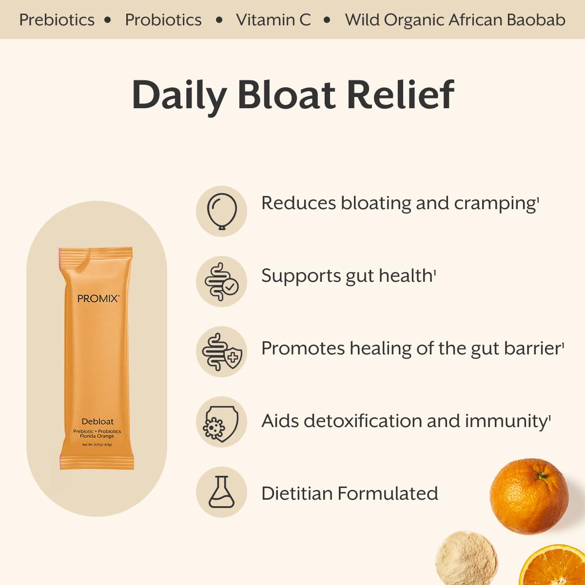 ProMix Nutrition Debloat Prebiotics & Probiotics, Florida Orange Powder, 30 Count