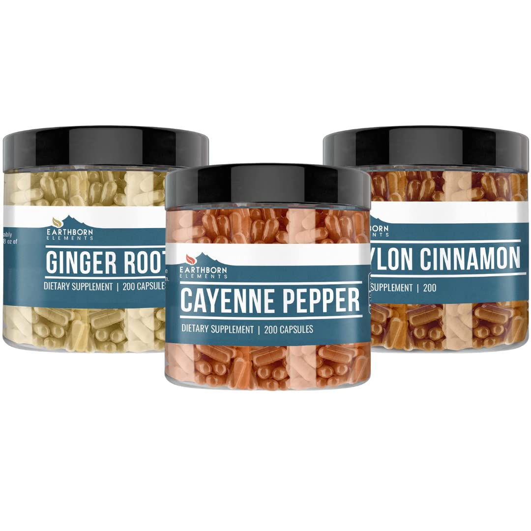 Earthborn Elements Cayenne Pepper, Ceylon Cinnamon & Ginger Root Bundle, 3 x 200 Capsules