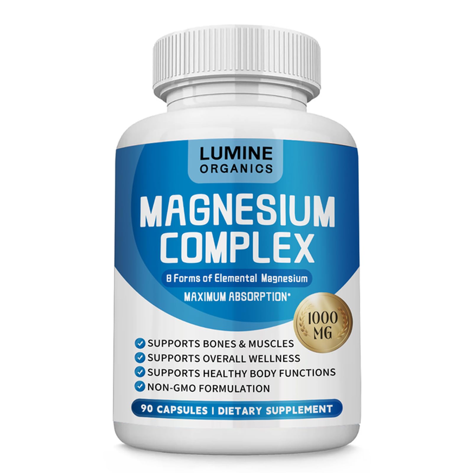 Lumine Organics Magnesium Complex Supplement 1000mg, Advanced 8-in-1 Magnesium Blend, Non-GMO, Capsule, 1 Count