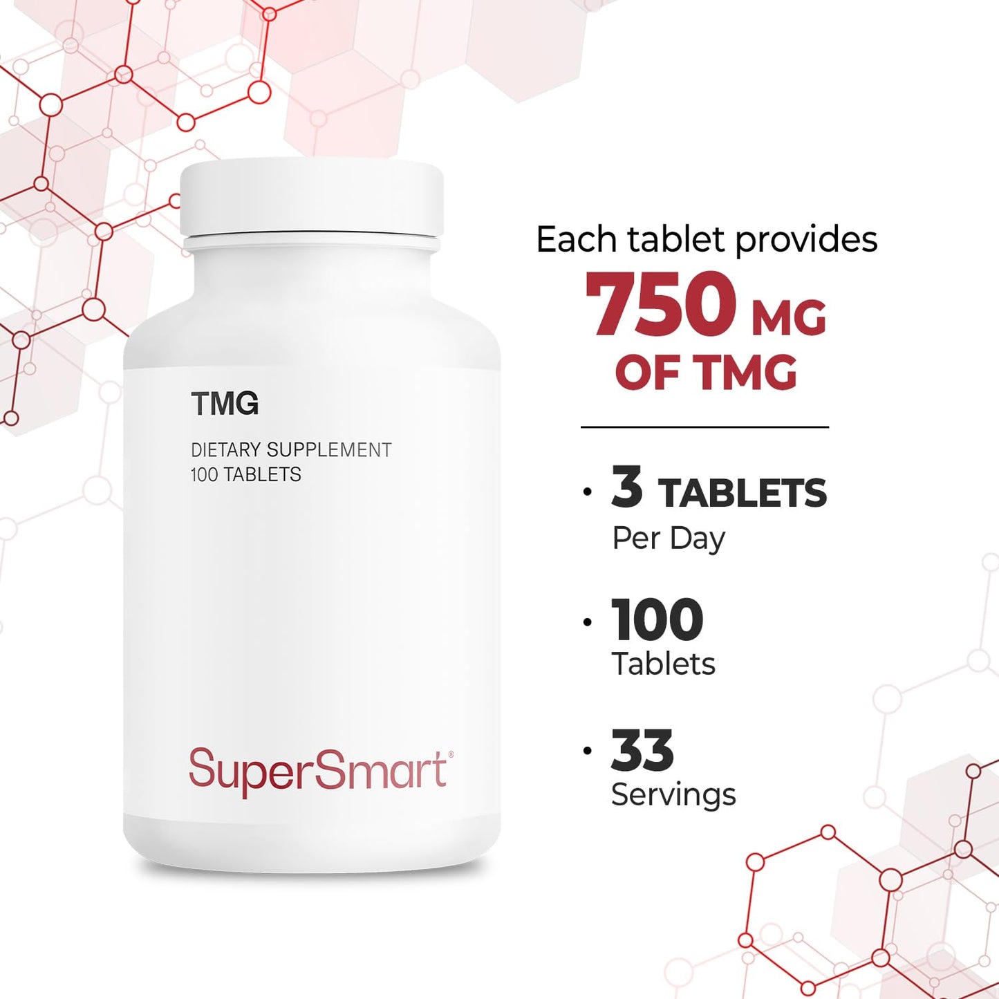 Supersmart TMG 2250mg per Day (High Strength) - TMG Trimethylglycine - Betaine Anhydrous Supplement, 100 Tablets