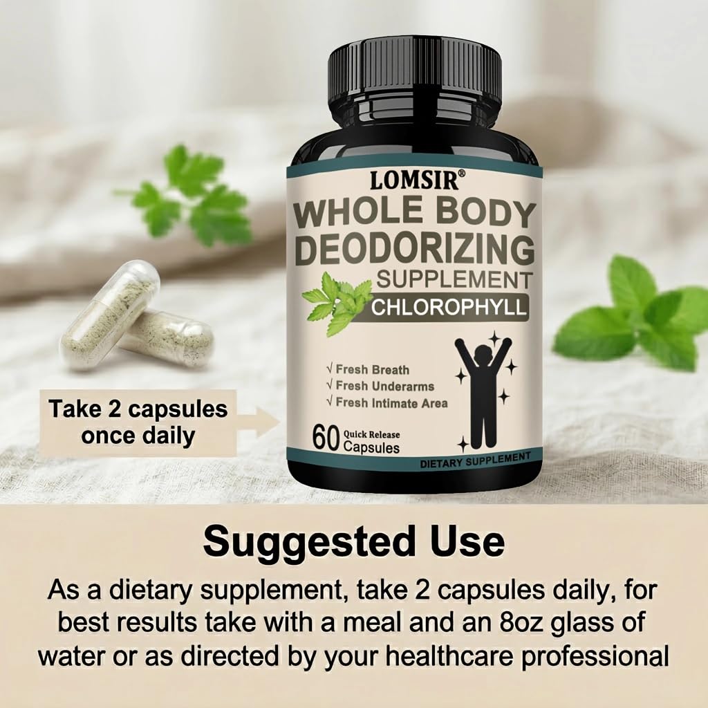 LOMSIR Whole Body Deodorizing Supplement with Chlorophyll Complex Vitamins for Women and Men Capsules, 60 Count