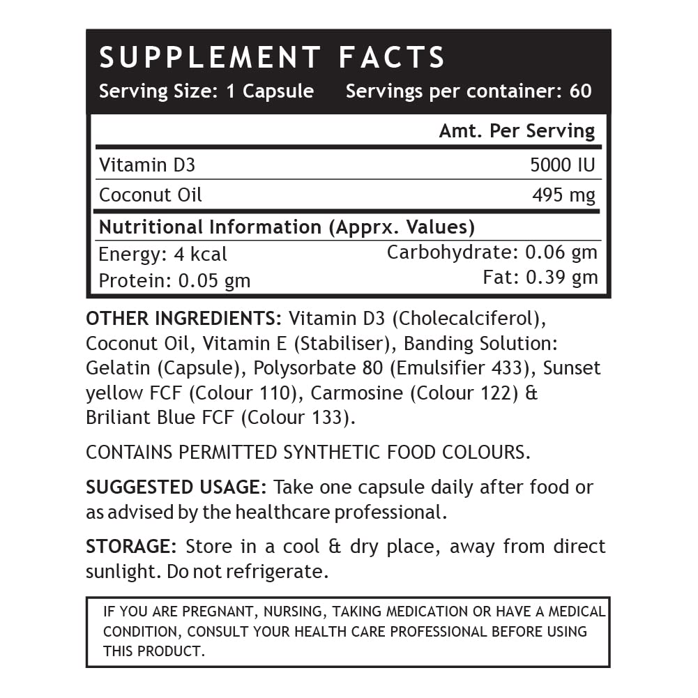 INLIFE Vitamin D3 5000 IU Cholecalciferol with Extra Virgin Coconut Oil Soft Gels, 60 Count