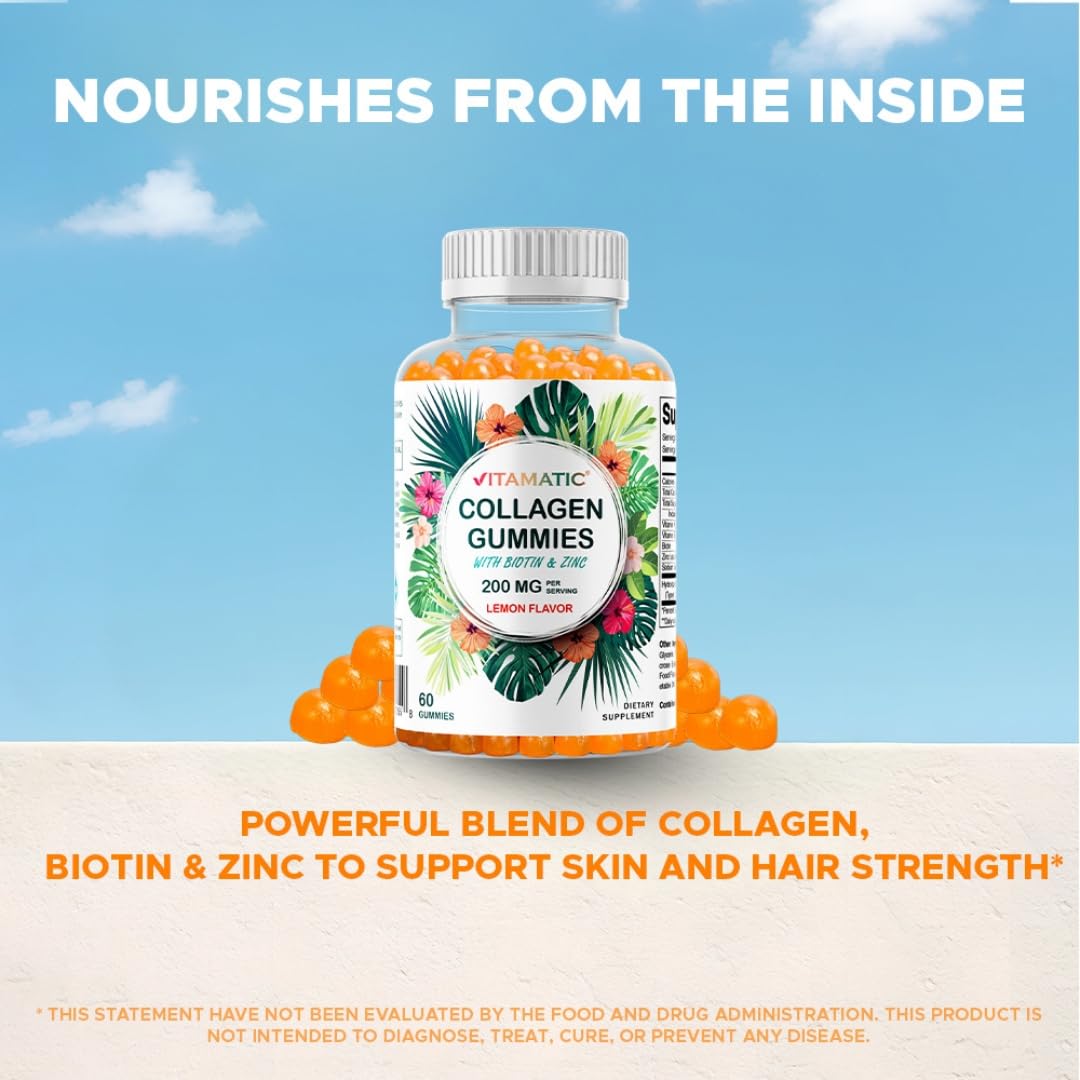 Vitamatic Hydrolyzed Collagen Gummies with Vitamin C, Zinc and Biotin, 200 mg, 60 Gummies
