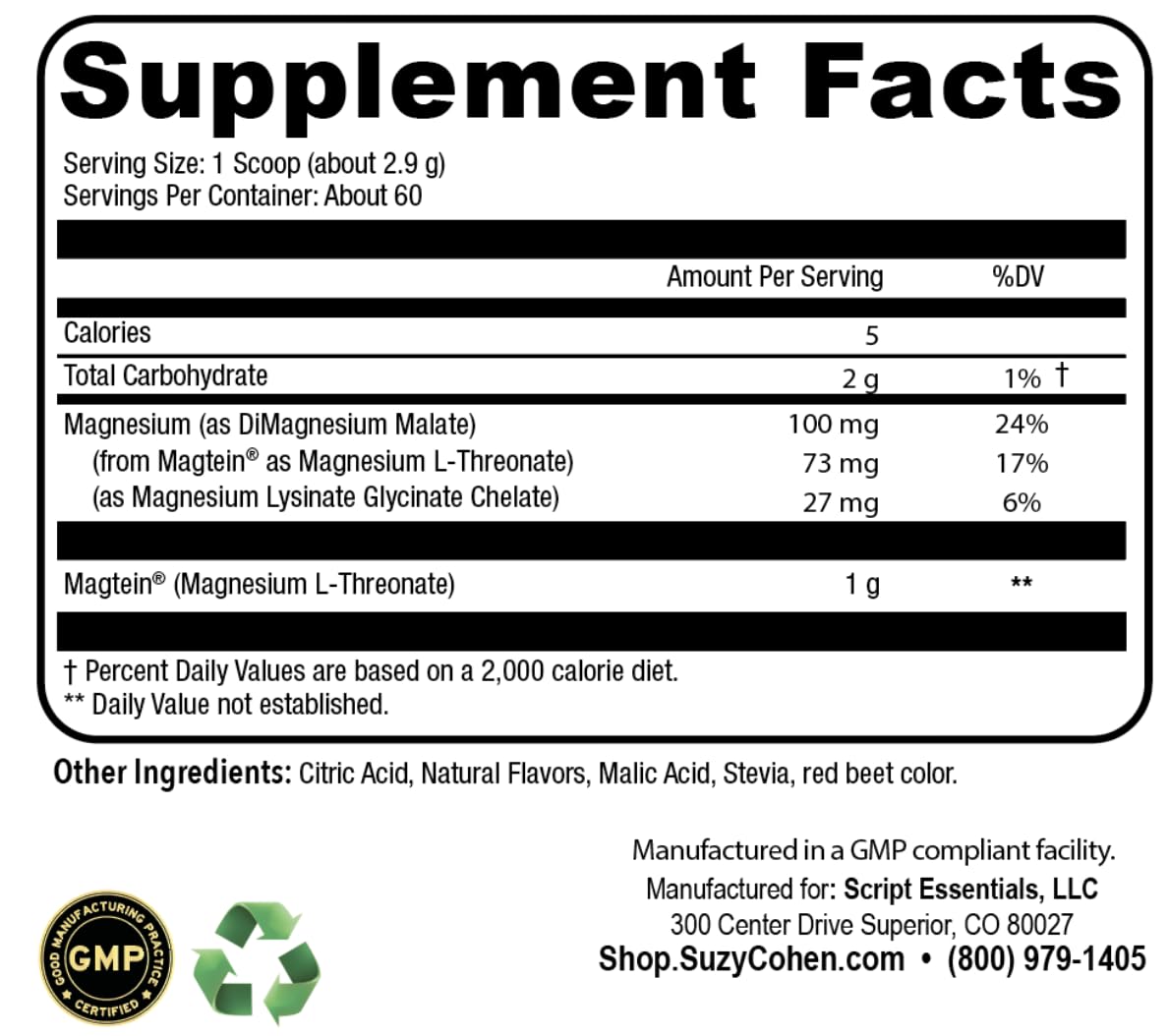 Script Essentials MagFocus Magnesium L-Threonate Powder with Magtein (Mixed Berry) Plus Magnesium Glycinate for Wellness, Focus, and Cognition, 5.29 Ounce