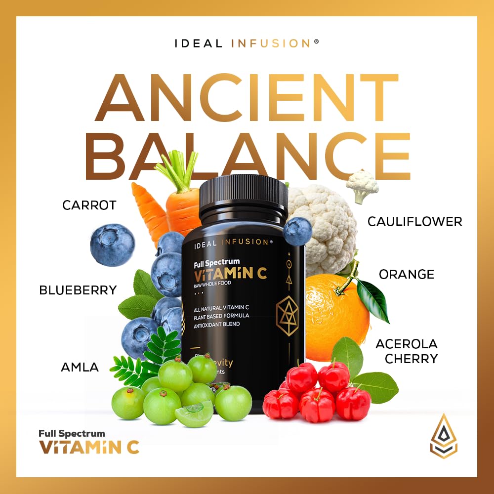 Ideal Infusion Whole Food Vitamin C Supplement 675mg Plant-Based Vitamin C Complex from Organic Oranges, Acerola Cherry & Natural Fruit Cofactors – Immune & Antioxidant Support – Vegan, Non-GMO – 120 Capsules