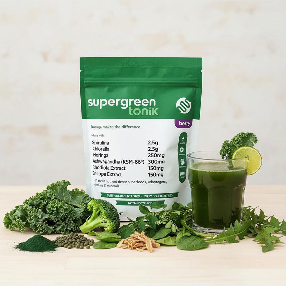 SUPERGREEN TONIK 100% Natural Greens Superfood Powder – Daily Supplement with 40 Superfoods, Vitamins and Minerals – Supports Energy, Stress and Immunity – 13.3 Ounce