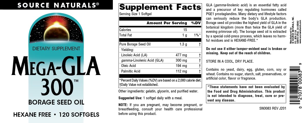 Source Naturals Mega-GLA 300 - Borage Seed Oil that is Hexane-Free Softgels 120