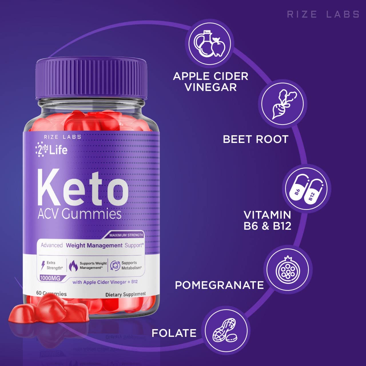 Rize Labs 2nd Life Keto ACV Gummies, 300 Gummies