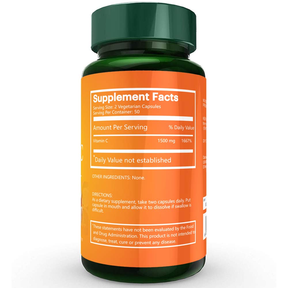 Na'trition Pure Vitamin C Vegetarian Capsules 1500mg per Serving, 100 Capsules