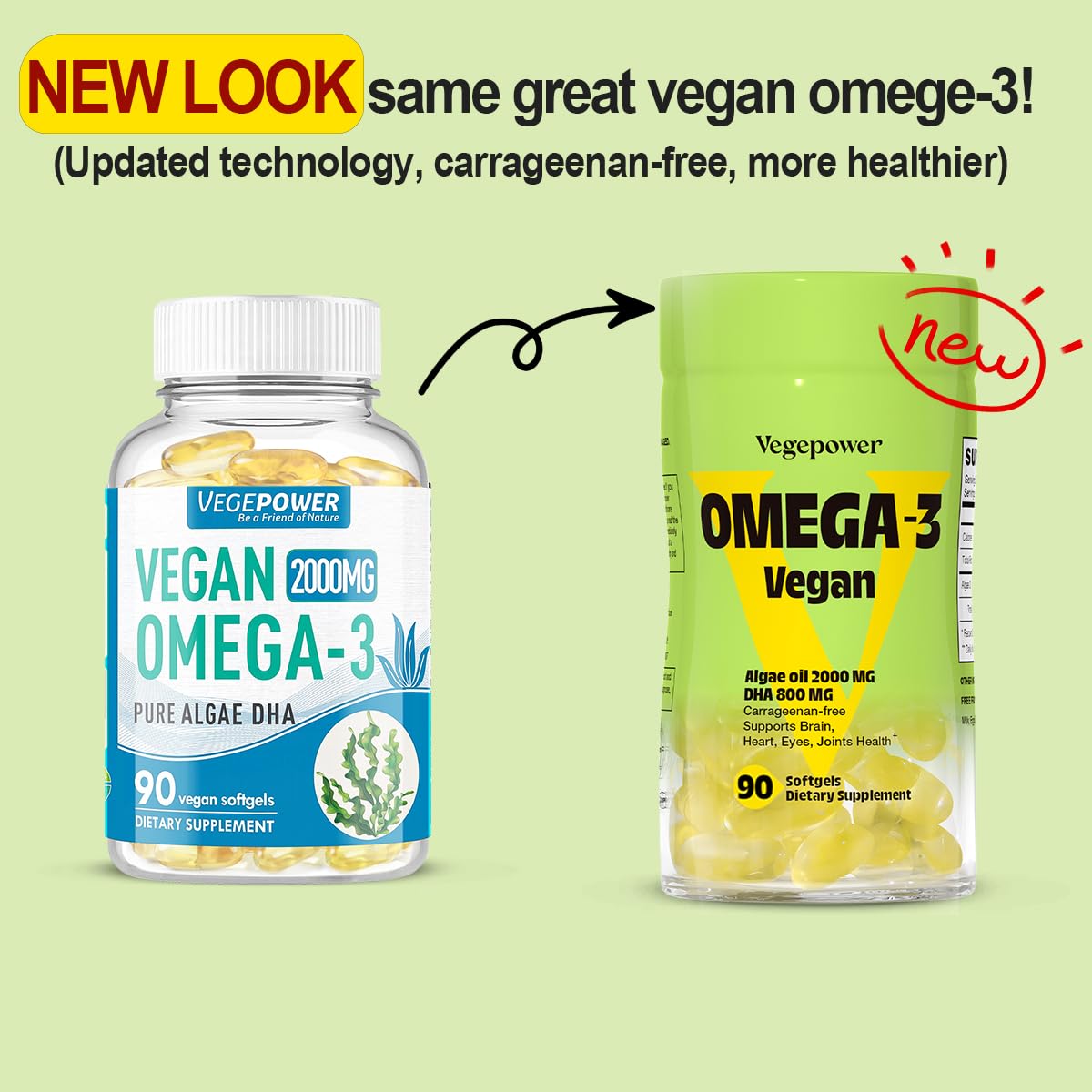 VEGEPOWER Vegan Omega-3 Algae DHA Supplements Softgels 90 Count