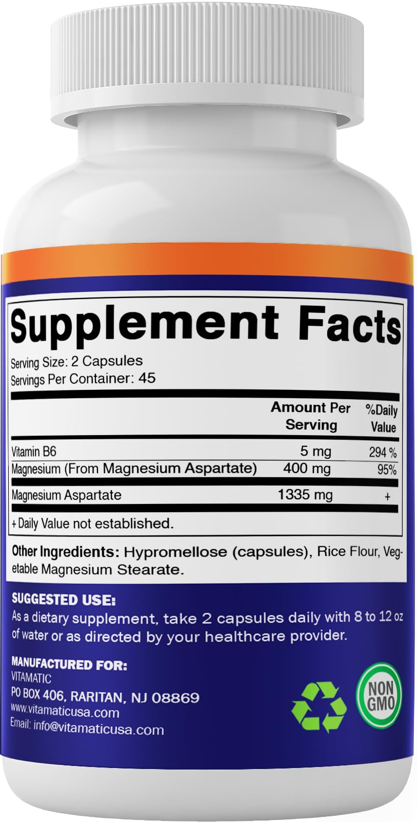 Vitamatic Magnesium Aspartate 400mg, 180 Vegetarian Capsules