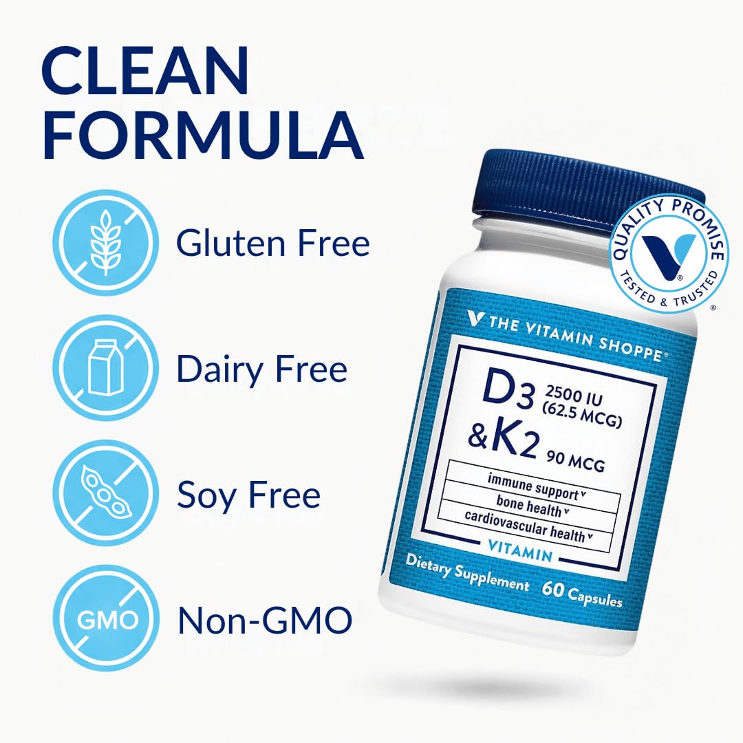 The Vitamin Shoppe Vitamin D3 2500 IU & K2 90 mcg with Calcium, D3 K2 MK7 Capsules, 60 Count