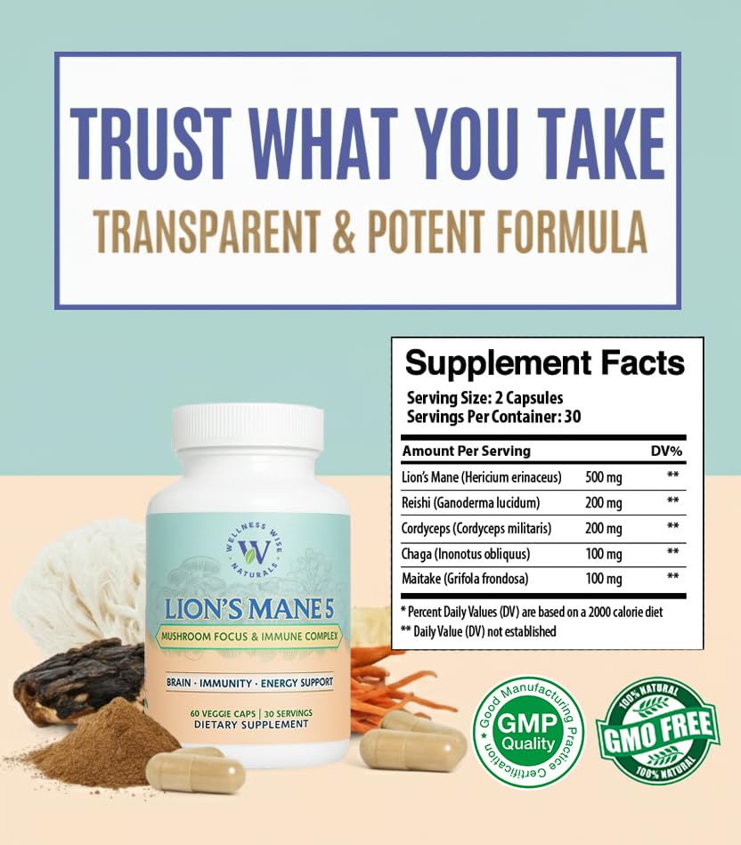 Wellness Wise Naturals Lion's Mane 5-Mushroom Complex Capsules, 60 Count