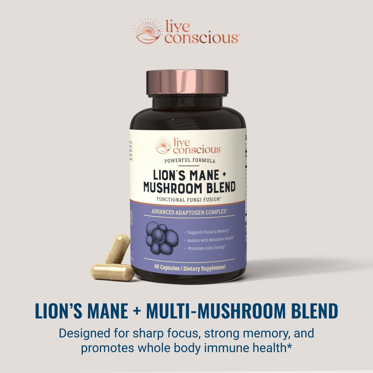 Live Conscious Lions Mane Mushroom Supplement Capsule, 60 Count