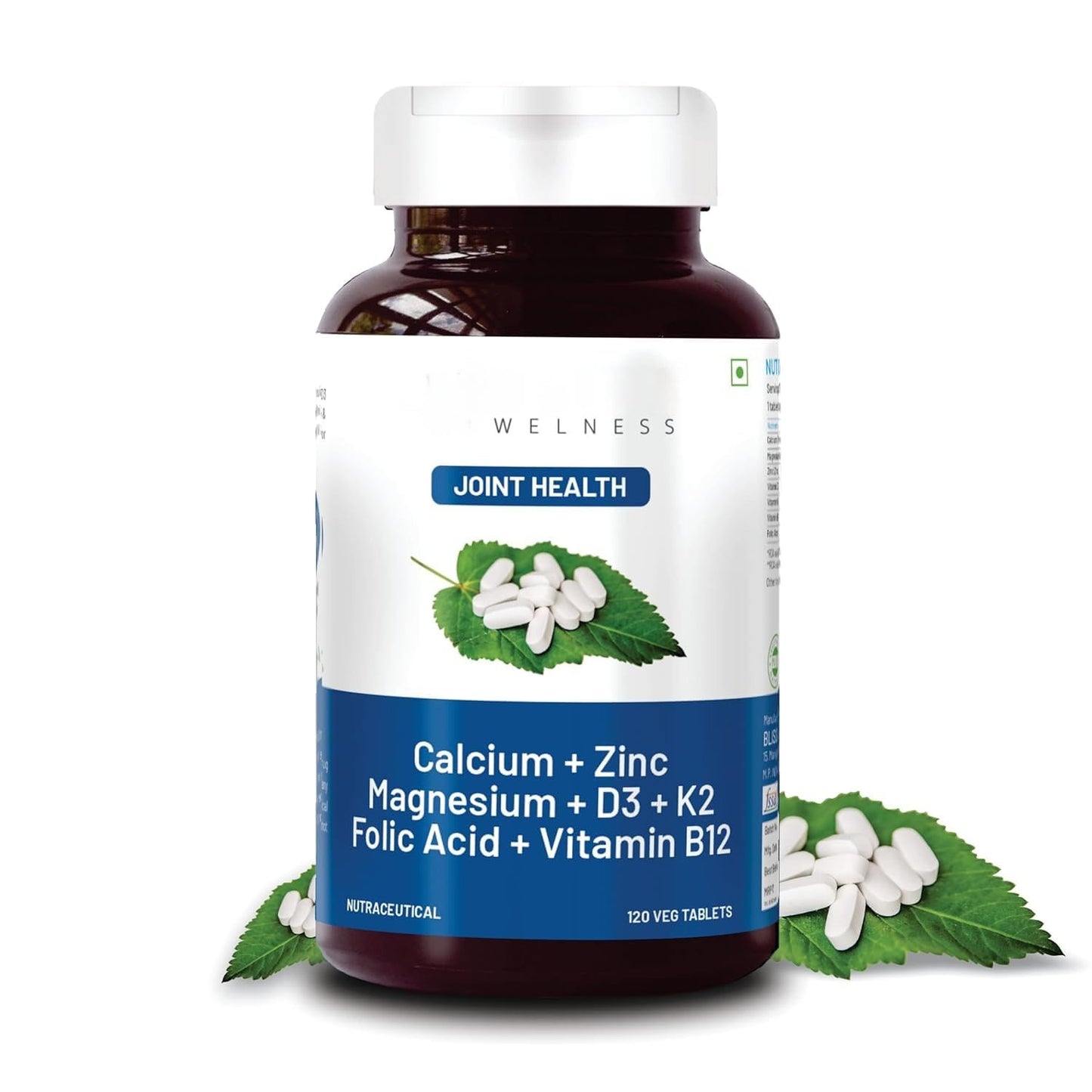 Generic Calcium Magnesium Zinc Vitamin D3 K2 B12 Folic Acid Joint Support Bone Strength Health Supplement Vegetarian Tablets, 120 Count