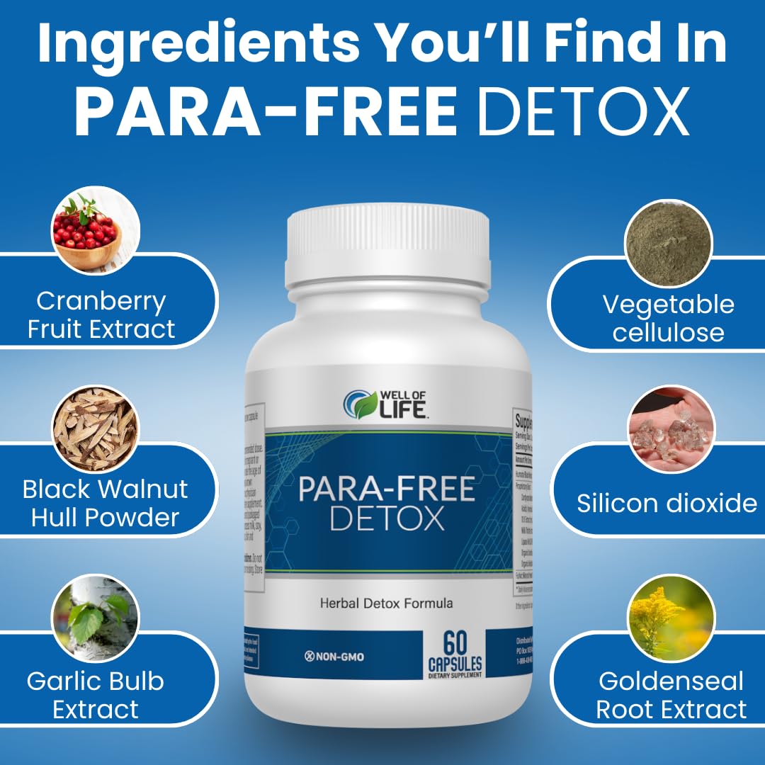 Well of Life para-Free Detox - Parasite Cleanse & Natural Detox Formula with Zinc, Black Walnut, Wormwood, Goldenseal, Garlic & Cranberry for Digestive & Immune Support, Vegan, 60 Capsules