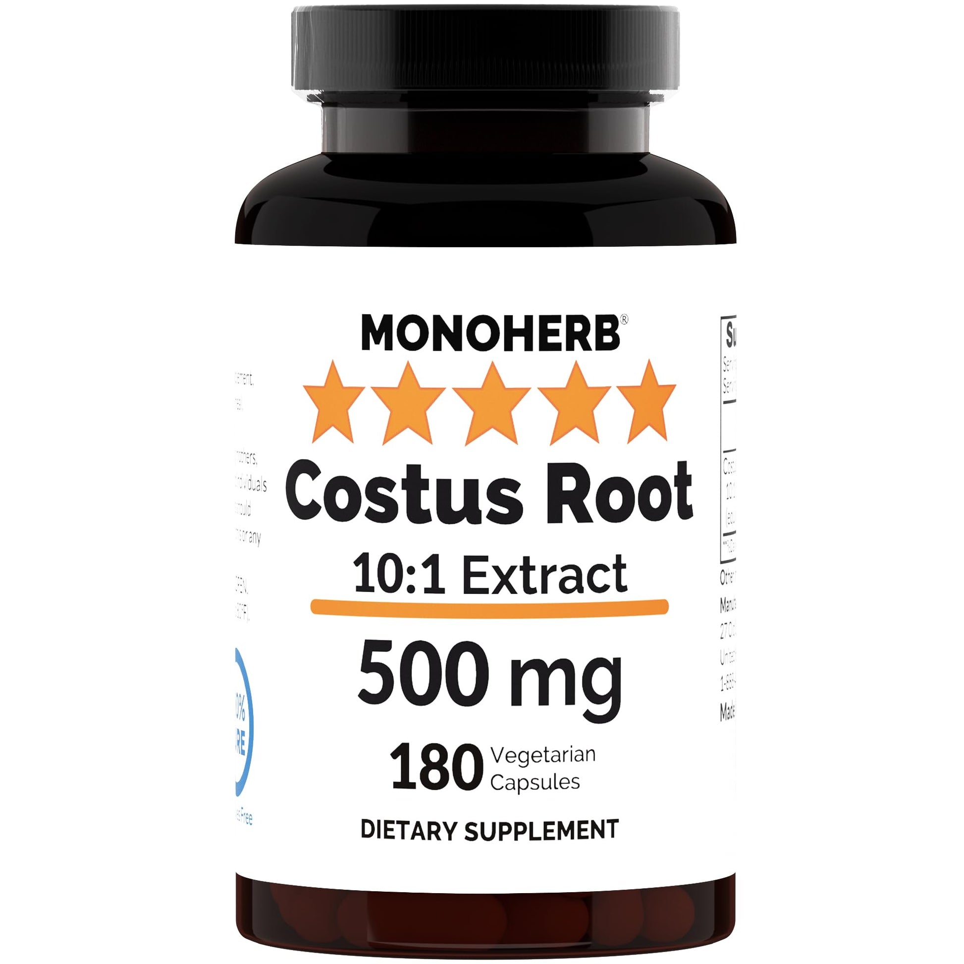 MONOHERB Costus Root 10:1 Extract 500 mg per Capsule, 180 Capsules