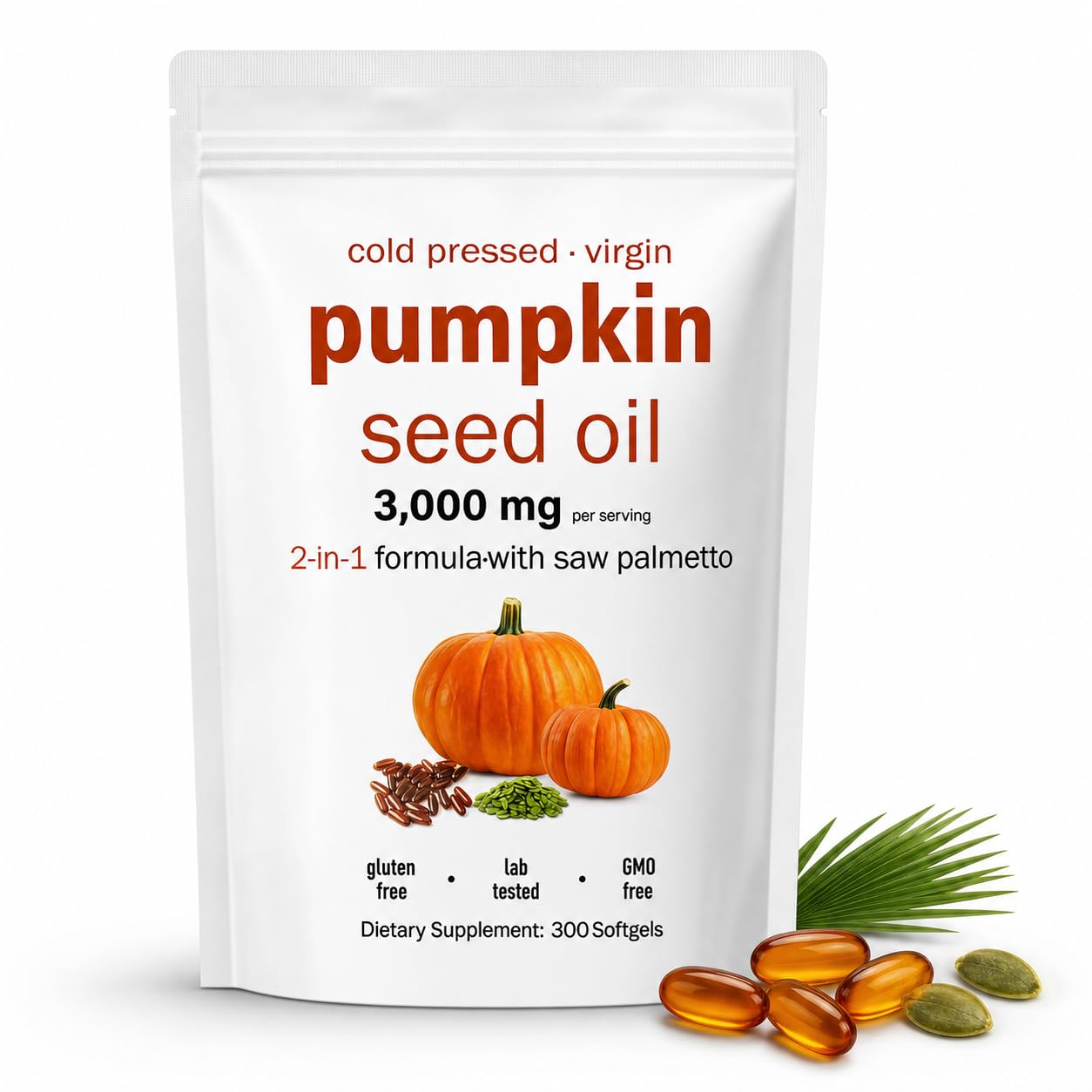 mhinese Pumpkin Seed Oil with Saw Palmetto Softgels 3500mg Cold Pressed Hair Wellness & Daily Balance for Men and Women, Non-GMO, 300 Ct