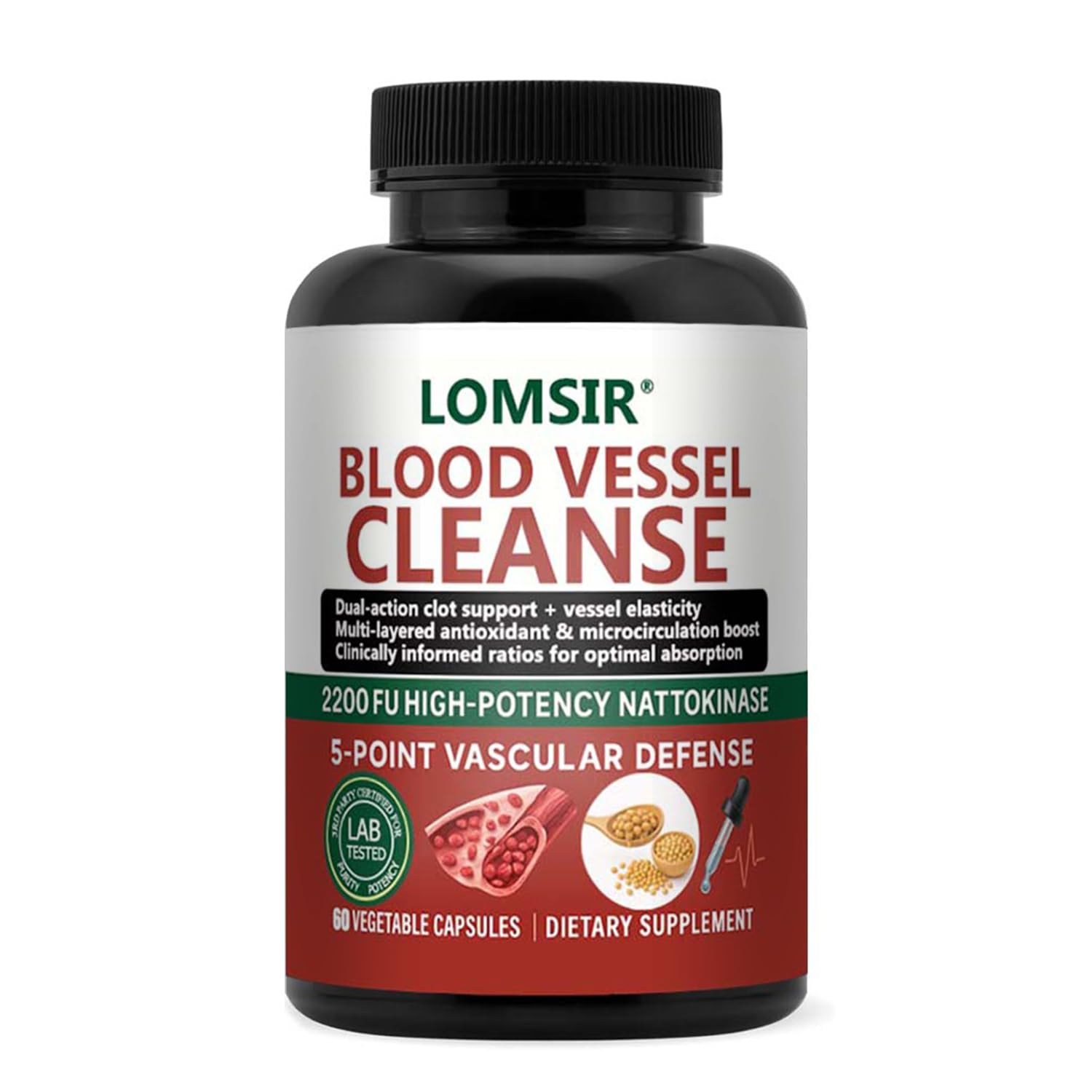 LOMSIR Blood Vessel Cleanse Nattokinase Supplement with Gamma Oryzanol Capsule 60 Count