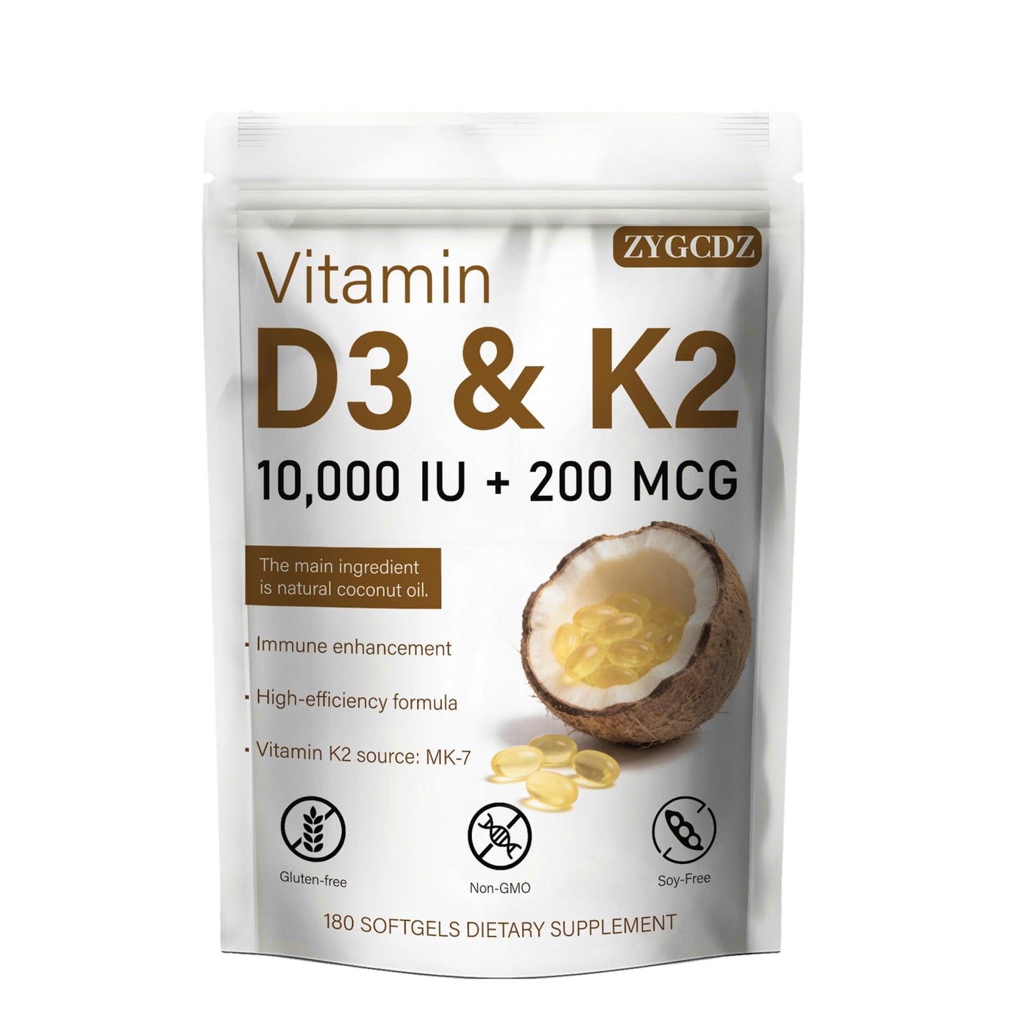 ZYGCDZ Vitamin D3 10000 IU with K2 MK-7 200 mcg Softgels 180 Count
