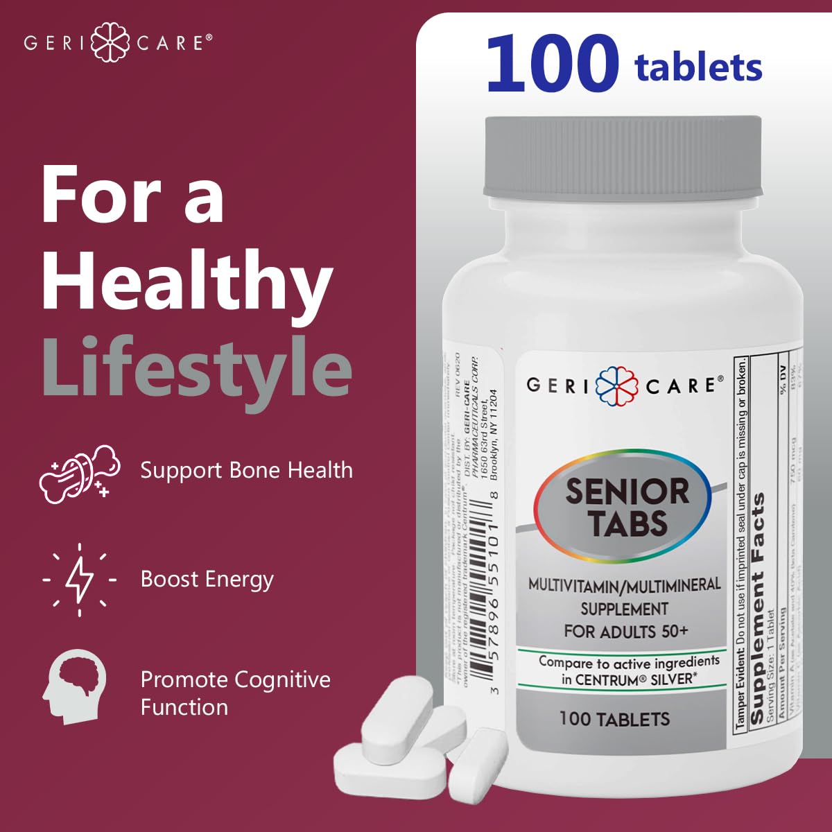 GeriCare Senior Tab 50+ Multivitamin and Minerals Tablets, Immune Support - Age-Defying Nutrition, 200 Tablets