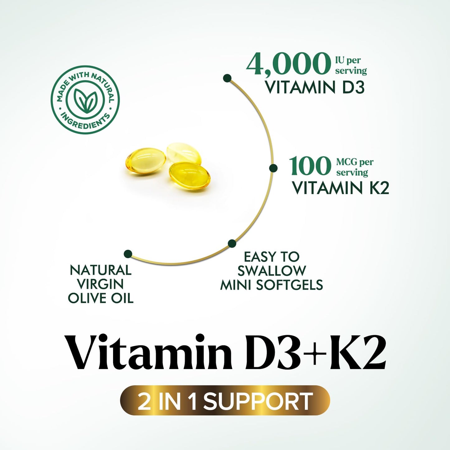 Nature's Peak Vitamin D3 K2 High Potency Vitamin D3 + K2 2-in-1 Complex Vitamin D & K2 (MK7) Supplement Softgels 120