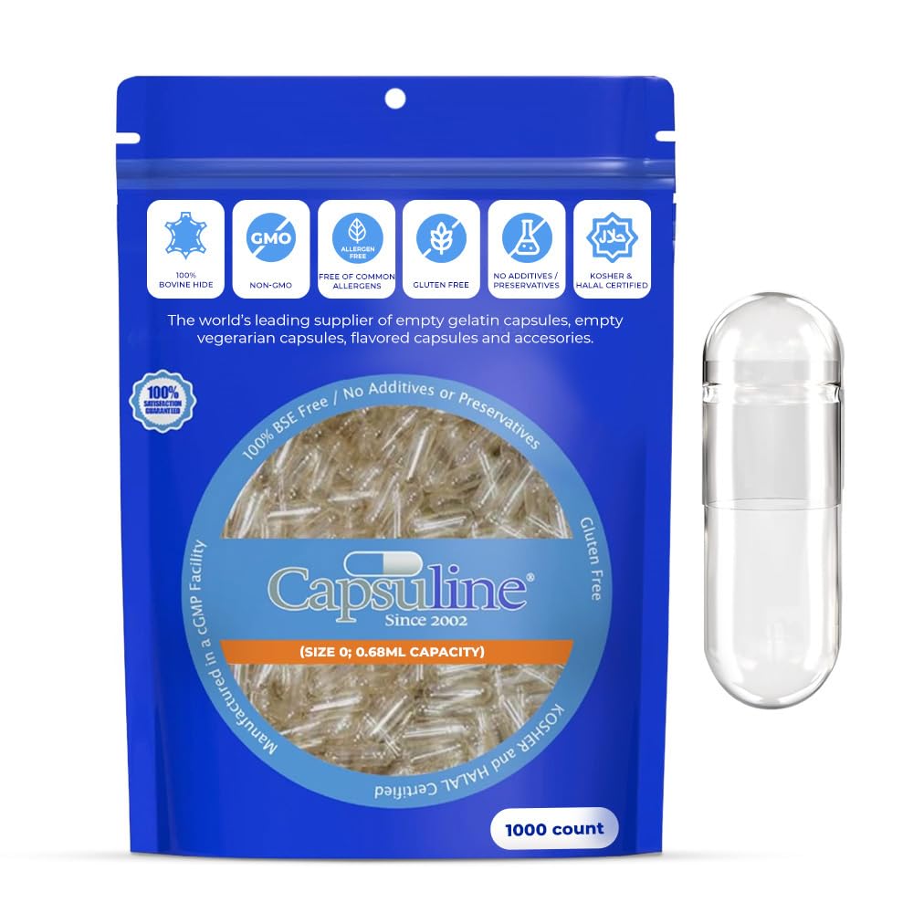 Capsuline Size 0 Empty Gelatin Capsules, Clear, 1000 Count