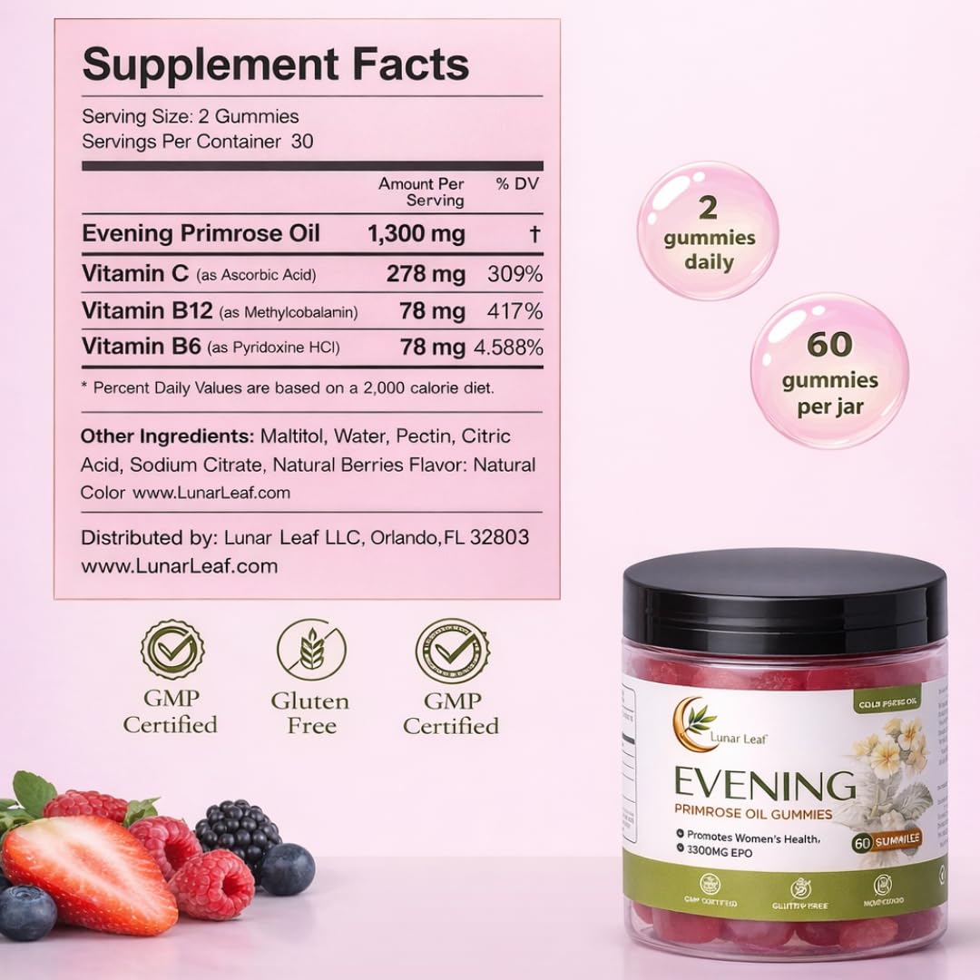 Lunar Leaf Evening Primrose Oil Gummies 1300mg for Women, 60 Gummies