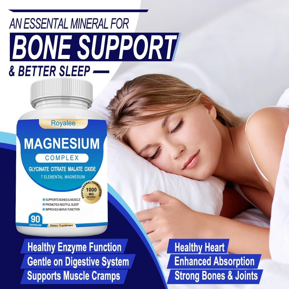 Royalee Magnesium Complex Supplement 1000mg with 7 Magnesium Forms Including Glycinate, Citrate, Malate, Taurate & Orotate Capsule, 90 Capsules