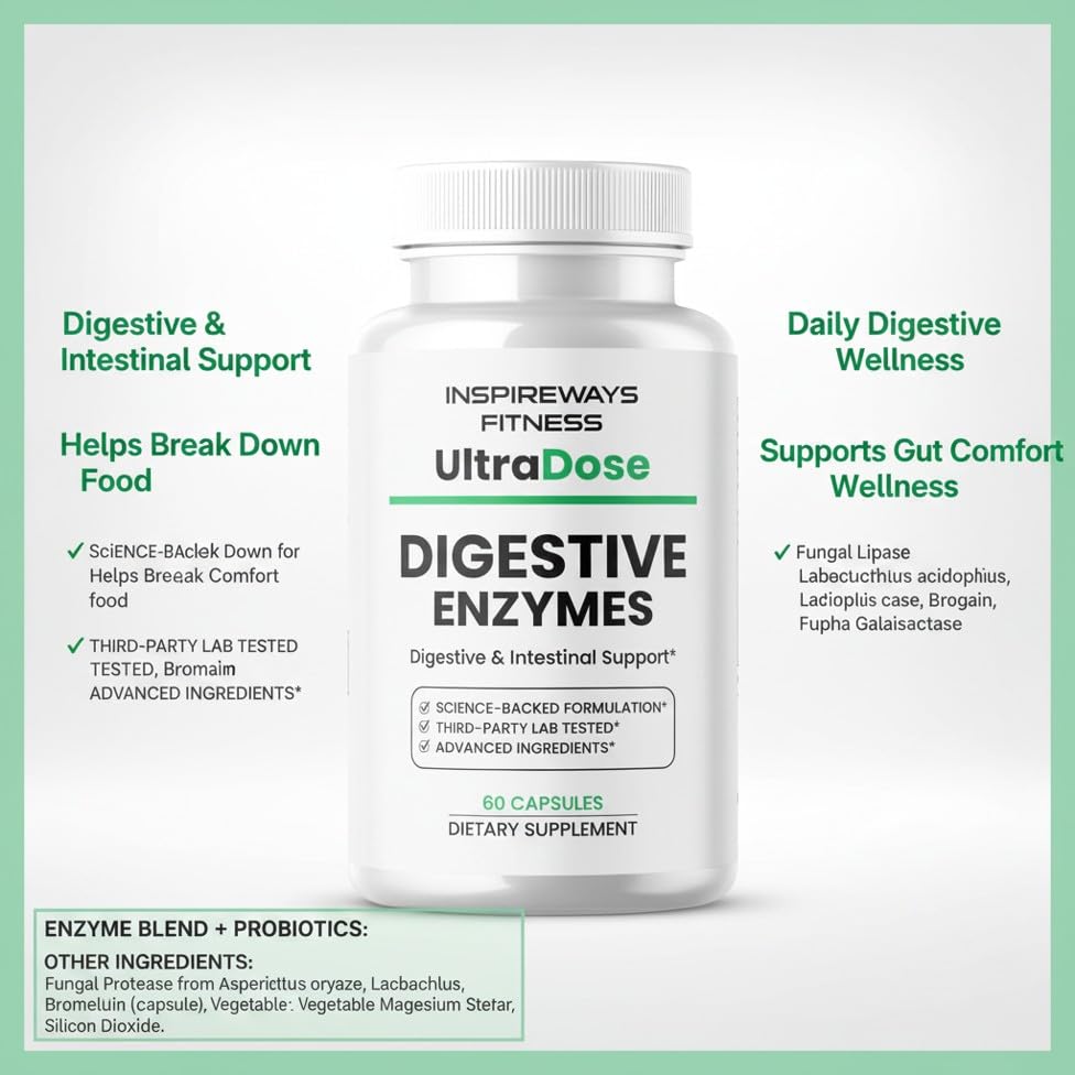 Fitness InspireWays Digestive Enzymes with Probiotics – Enzyme Pro Formula for Digestive Support Capsules, 60 Capsules