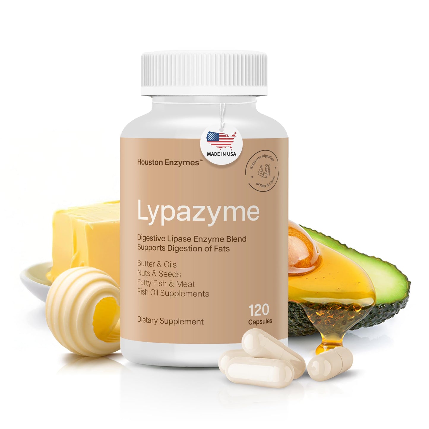 Houston Enzymes Lypazyme Lipase Digestive Enzymes for Women and Men 120 Capsules