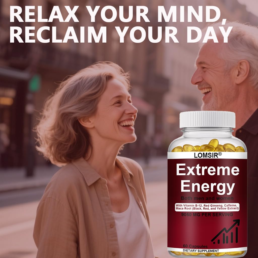 LOMSIR Extreme Energy Softgels, Energy Supplement with Red Ginseng, Maca and Saw Palmetto & Vitamin B12, Everyday Energy Support for Men and Women, 60 Softgels