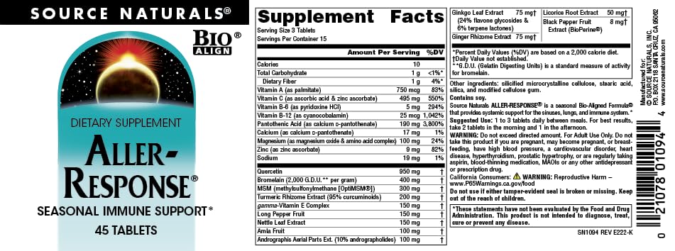 Source Naturals Aller-Response Seasonal Immune Support 45 Tablets